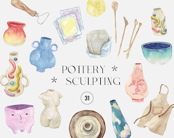 Watercolor Pottery clipart, sculpting clip art clay sculpture ceramics CRAFTS hand made boho vases Crafting illustrations pottery wheel