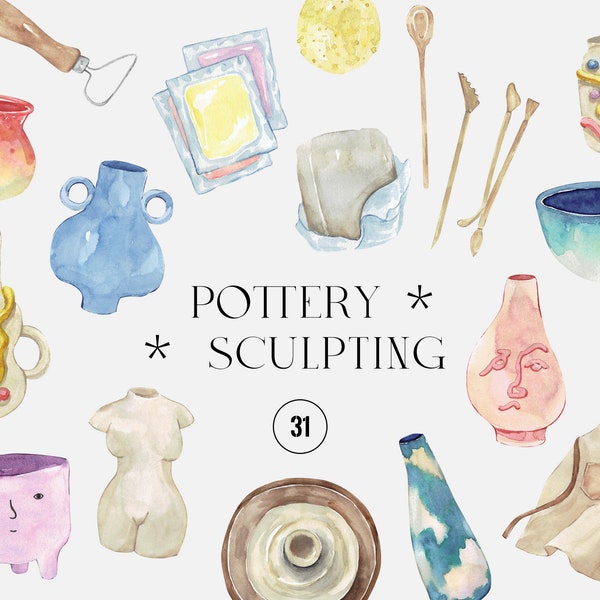 Watercolor Pottery clipart, sculpting clip art clay sculpture ceramics CRAFTS hand made boho vases Crafting illustrations pottery wheel