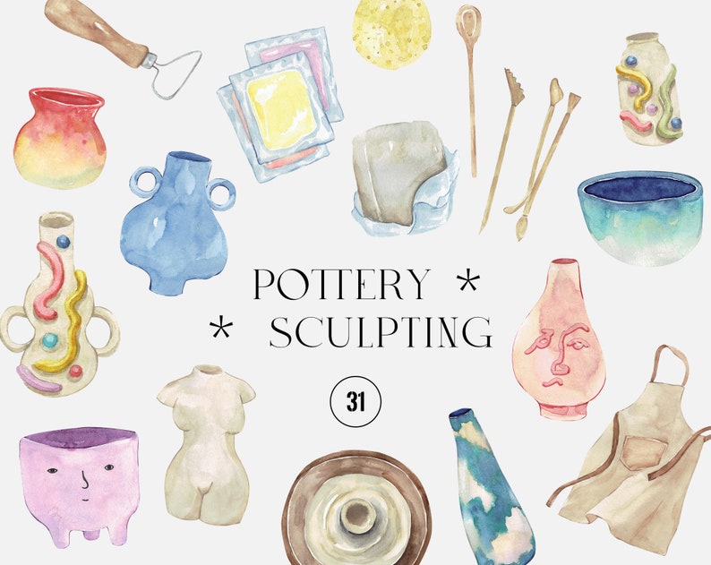 Peut inclure: Une illustration aquarelle d'outils et de fournitures de sculpture sur poterie. L'image comprend une vari&eacute;t&eacute; de pi&egrave;ces de poterie, d'outils et de fournitures, notamment un tour de potier, une plaque d'argile, une &eacute;ponge, un couteau &agrave; poterie, un grattoir &agrave; poterie, un tablier de potier et une vari&eacute;t&eacute; de pi&egrave;ces de poterie de diff&eacute;rentes formes et tailles. Le texte "POTTERY * SCULPTING" est &eacute;crit en noir sur fond blanc. Le nombre "31" est &eacute;crit dans un cercle.