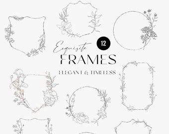 Fine art botanical clipart, vintage floral crest Frames, graphite roses wedding frame, hand drawn abstract flower line art sketches