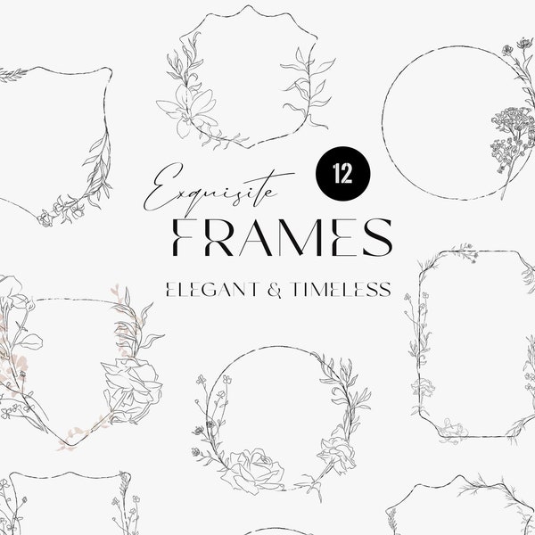 Fine art botanical clipart, vintage floral crest Frames, graphite roses wedding frame, hand drawn abstract flower line art sketches