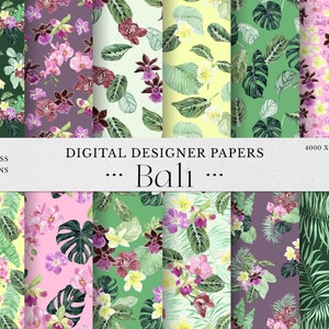 Bali Watercolor Tropical Digital Papers, exotic flowers & jungle leaves, paradise wedding invitation, tropics Maranta cymbidium orchids