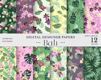 May include: Twelve digital paper designs featuring seamless patterns of tropical flowers and leaves in various colors, including pink, green, yellow, and purple. The text "Digital Designer Papers... Bali..." is displayed at the top of the image.