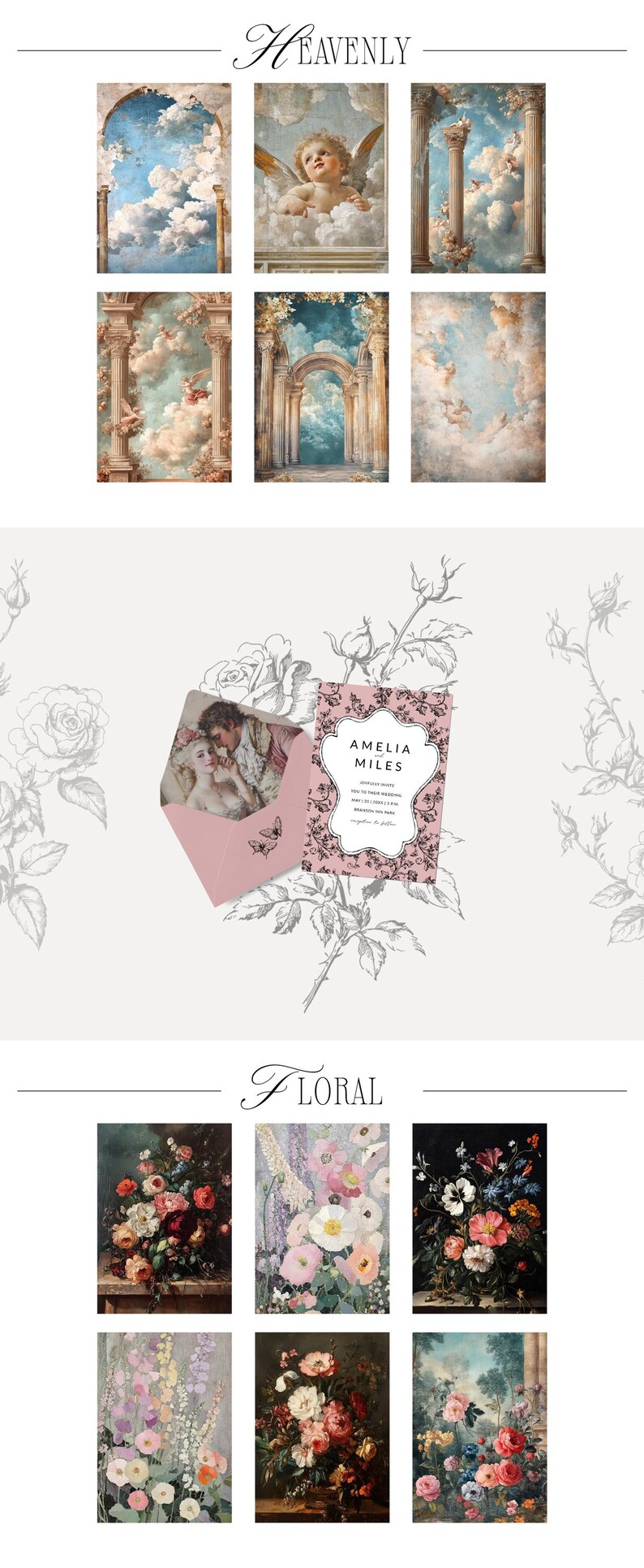 May include: A set of digital printable images featuring a variety of floral and heavenly themed artwork. The images are perfect for creating invitations, cards, or other paper crafts.