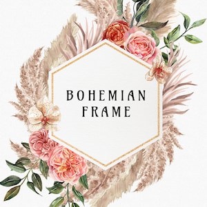 Boho Bloom Pampas Grass Frame clipart, feuilles de palmier séchées boho, roses aquarelles florales, cadre neutre fleurs séchées pampa beige PNG