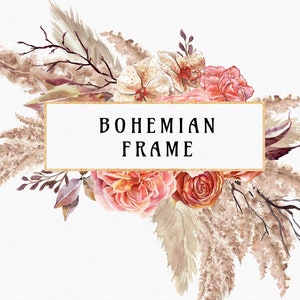 Boho Bloom Pampas Grass Frame clipart, feuilles de palmier séchées boho, roses aquarelles florales, cadre neutre fleurs séchées pampa beige PNG