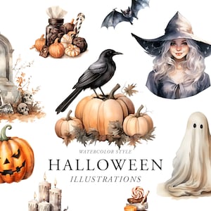 Aquarel Halloween clipart, Spooky Halloween heks clipart, enge Halloween, snoep, vleermuizen, geesten, zwarte kat, graf, Jack-o-lantern pompoenen