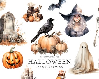 Watercolor Halloween Clipart, Spooky Halloween witch clipart, Scary Halloween, Candy, Bats, Ghosts, Black cat, Tomb, Jack-o-lantern Pumpkins