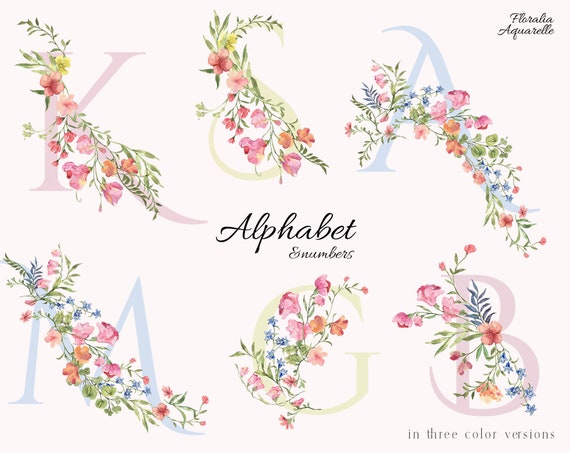 Pastel floral Alphabet, Regency era wedding monogram, Bridgerton style, Fairytale Letters wedding invite, Romantic watercolor flowers