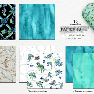 May include: Ten seamless digital patterns featuring watercolor designs in shades of blue, green, and brown. The patterns include floral motifs, abstract shapes, and branches. The patterns are 3689 x 3689 pixels and are available in JPG, PNG, and PAT formats.