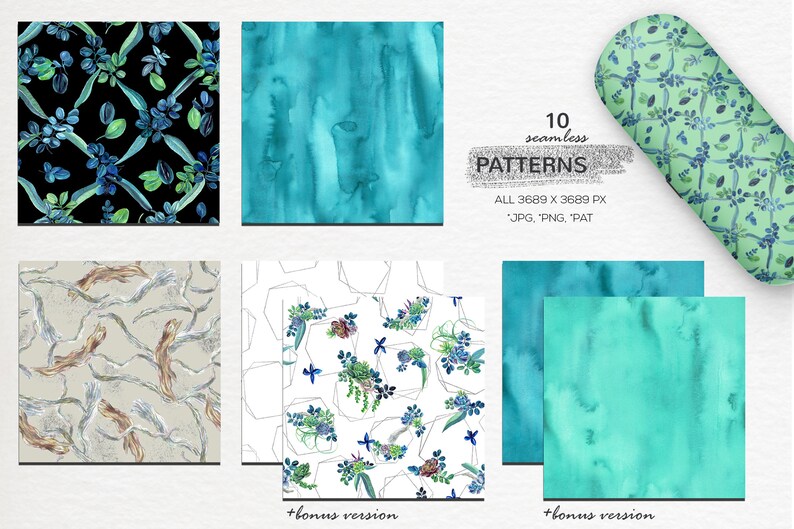 May include: Ten seamless digital patterns featuring watercolor designs in shades of blue, green, and brown. The patterns include floral motifs, abstract shapes, and branches. The patterns are 3689 x 3689 pixels and are available in JPG, PNG, and PAT formats.