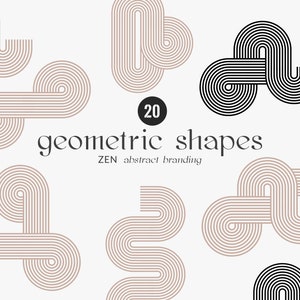 May include: A graphic design featuring 20 geometric shapes in black and brown. The shapes are made up of overlapping circles and lines. The text "20 geometric shapes" and "ZEN abstract branding" is included in the design.