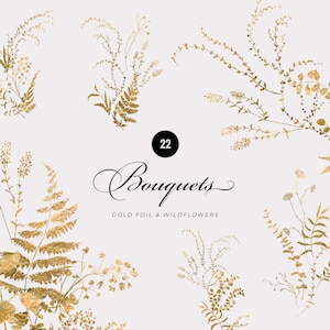Gouden Lineart bloemenboeketten clipart, Gouden bladerenboeket, Delicate Gouden gebladerte, Gouden eucalyptusvarenbladeren logo