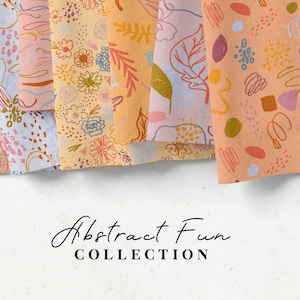 May include: A collection of six fabric swatches with different abstract patterns in shades of pink, orange, yellow, blue, and green. The patterns include flowers, leaves, and geometric shapes. The text "Abstract Fun COLLECTION" is printed below the swatches.
