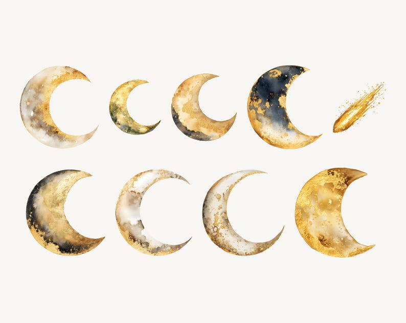 May include: A set of nine watercolour crescent moons with gold accents. The moons are in various phases, from a sliver to a full crescent. The moons are painted on a white background.