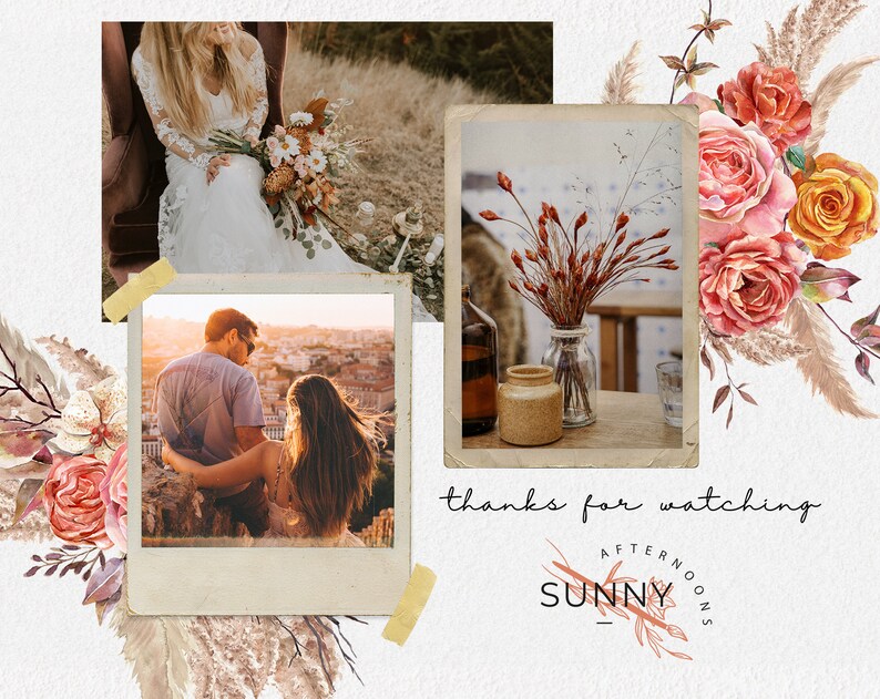 Bohemian Bloom Pampas Grass clipart, boho dried palm leaves, floral watercolor roses, neutral elements, dried flowers digital PNG image 5