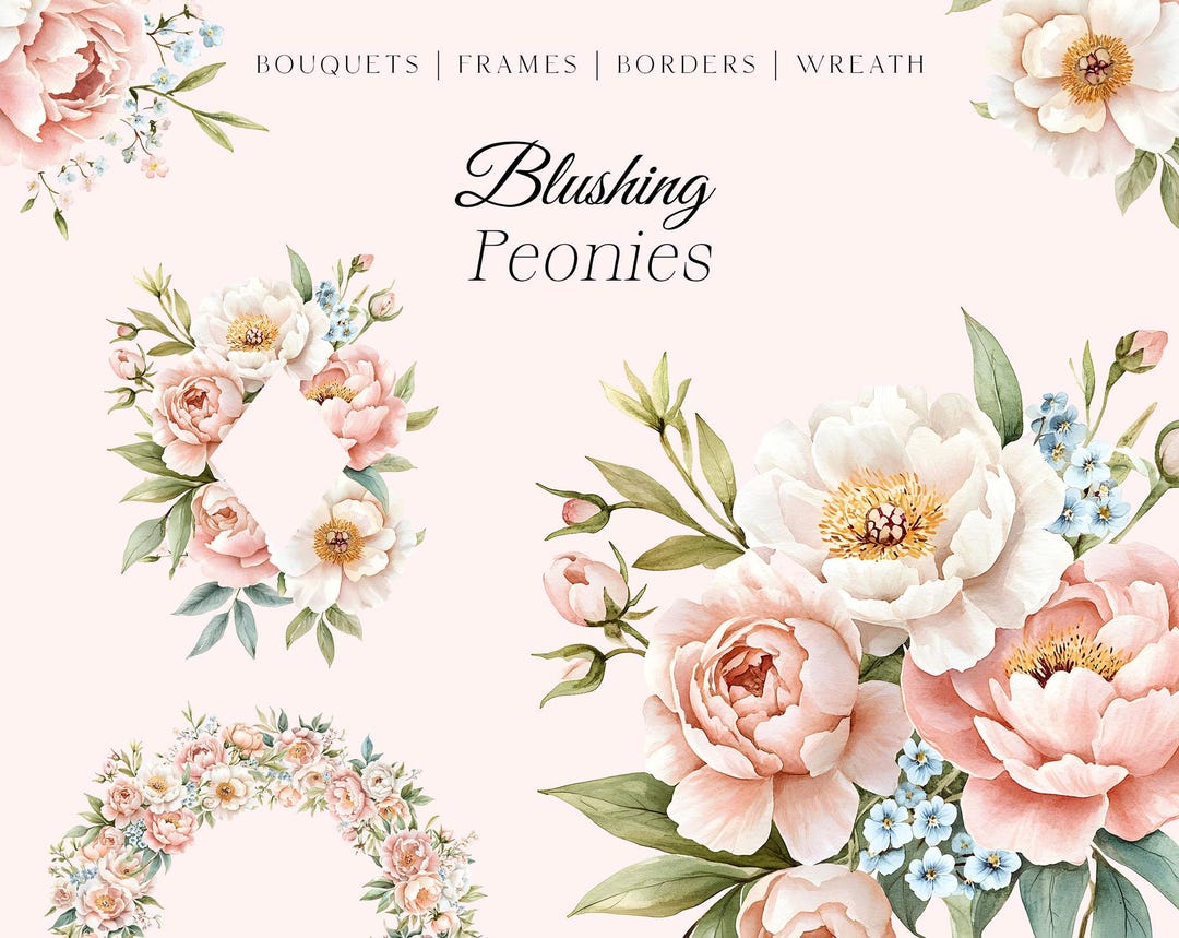 Blushing Peonies Watercolor Clipart - Blush Floral Clipart - Peony ...