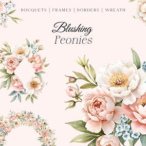 Errötende Pfingstrosen Aquarell Clipart - Blush Blumen Clipart - Pfingstrose Hochzeit einladen Clipart - Elegante Blumensträuße, Ränder, Rahmen