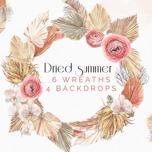 Clipart de couronnes florales Boho aquarelle, fleurs et feuilles de palmier séchées, décors Boho aquarelle, orchidée rose clipart, invitation de mariage PNG