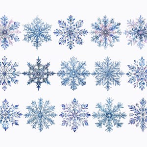 May include: Twelve watercolour illustrations of snowflakes in shades of blue and purple. Each snowflake has a unique design and intricate details.