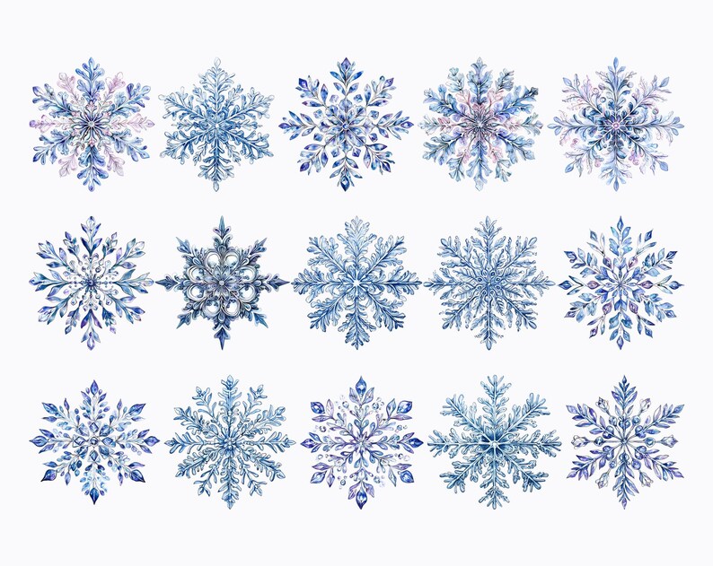 May include: Twelve watercolour illustrations of snowflakes in shades of blue and purple. Each snowflake has a unique design and intricate details.