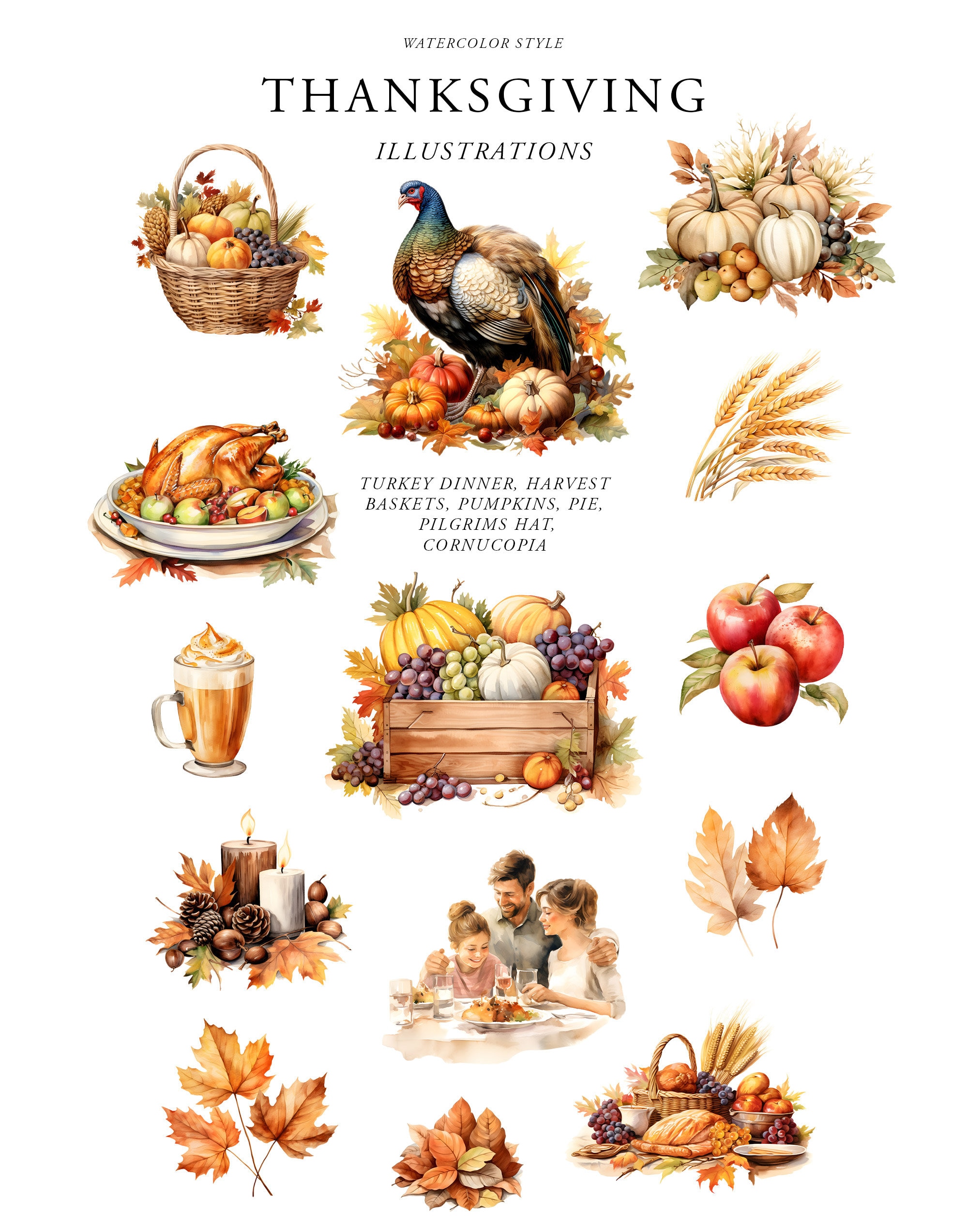 水彩画の感謝祭のクリップアート、七面鳥の感謝祭のディナー、収穫バスケットのクリップアート、水彩画の秋の装飾、家族のディナー、豊穣の角 - Etsy 日本, image size:2000x2546