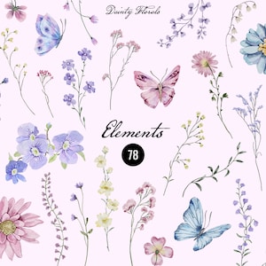 Aquarela Dainty Florals clipart floral de flores silvestres, elementos delicados de flores silvestres DIY, pequenas flores macias e borboletas, convite de casamento
