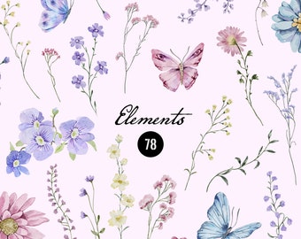 May include: Watercolor illustrations of delicate flowers and butterflies in shades of pink, blue, and yellow. The image includes 78 elements and is labeled "Dainty Florals Elements".