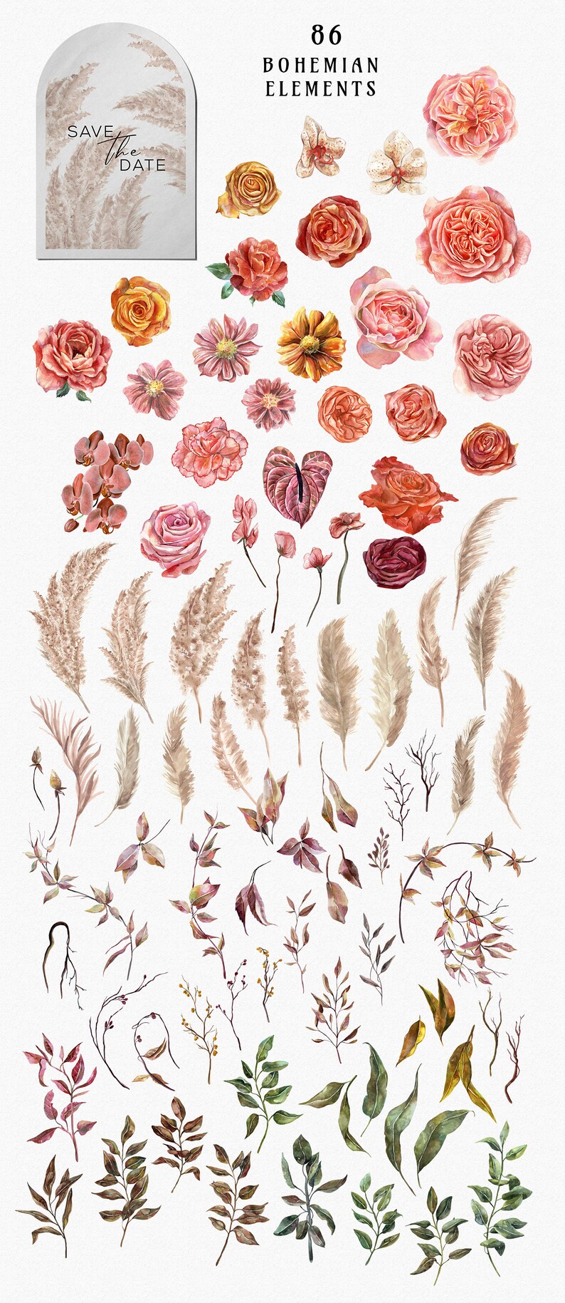 Bohemian Bloom Pampas Grass clipart, boho dried palm leaves, floral watercolor roses, neutral elements, dried flowers digital PNG image 2