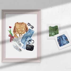 Pode incluir: Ilustra&ccedil;&atilde;o de aquarela de um conjunto de moda com um su&eacute;ter listrado, jeans azul, t&ecirc;nis branco, &oacute;culos de sol, uma bolsa preta e uma flor vermelha.
