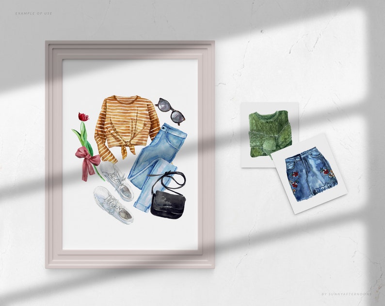 Pode incluir: Ilustra&ccedil;&atilde;o de aquarela de um conjunto de moda com um su&eacute;ter listrado, jeans azul, t&ecirc;nis branco, &oacute;culos de sol, uma bolsa preta e uma flor vermelha.