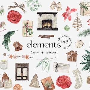 Cozy Winter Elements Watercolor Clipart natural Christmas gift decor, holidays decoration, wintery greenery roses poinsettia Diy element PNG