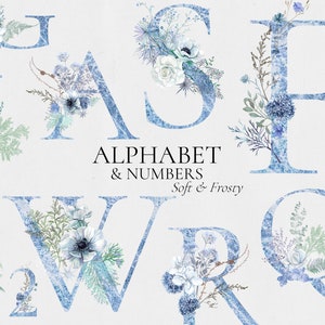 Könnte beinhalten: Ein Satz blauer Aquarellbuchstaben und -zahlen mit floralen Akzenten. Die Buchstaben sind J, A, S, F, W, R und Q. Die Zahlen sind 1 und 2. Die Buchstaben und Zahlen haben einen weichen, frostigen Look. Der Text "ALPHABET & NUMBERS Soft & Frosty" ist ebenfalls enthalten.