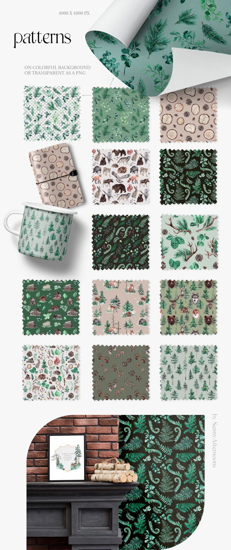 Op de afbeelding: Een set van 12 digitale aquarelpatronen met bosmotieven. De patronen omvatten dennenbomen, varens, dieren en andere bosselementen. De patronen zijn op een witte achtergrond en perfect voor het maken van digitale of gedrukte projecten.