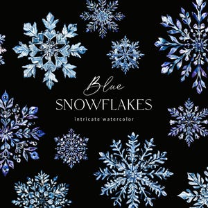 May include: A collection of ten blue watercolour snowflakes with intricate details. The snowflakes are arranged in a symmetrical pattern on a black background. The text "Blue Snowflakes intricate watercolour" is written below the snowflakes.