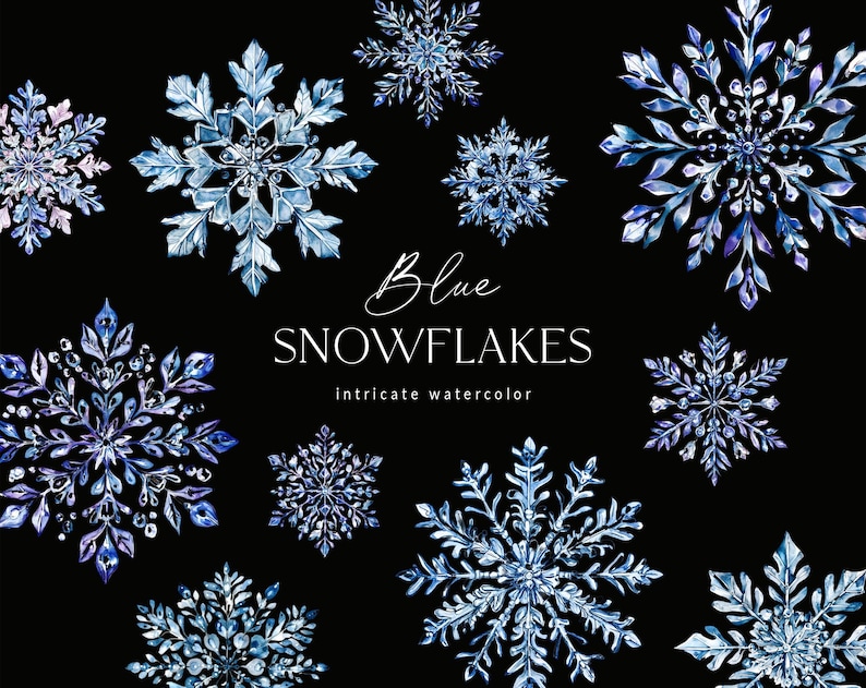 May include: A collection of ten blue watercolour snowflakes with intricate details. The snowflakes are arranged in a symmetrical pattern on a black background. The text "Blue Snowflakes intricate watercolour" is written below the snowflakes.