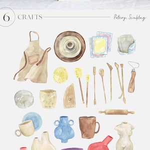 Peut inclure: Illustrations &agrave; l'aquarelle de poterie et d'outils de sculpture. L'ensemble comprend une vari&eacute;t&eacute; de pi&egrave;ces de poterie, notamment des vases, des tasses, des bols et des sculptures. Il y a aussi des outils pour fa&ccedil;onner l'argile, comme un tour de potier, un rouleau &agrave; p&acirc;tisserie et une vari&eacute;t&eacute; d'outils de sculpture.