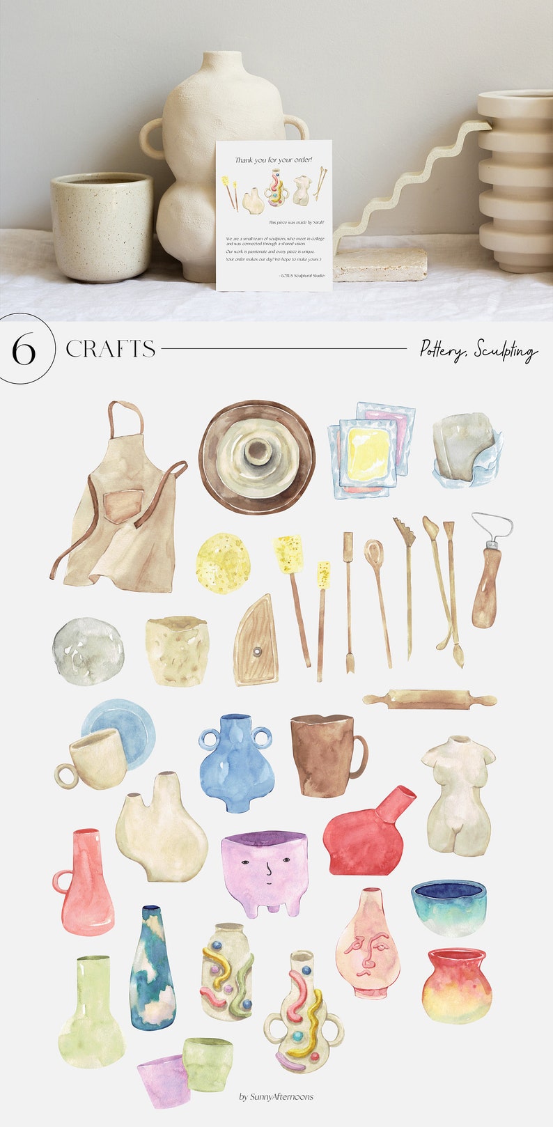 Peut inclure: Illustrations &agrave; l'aquarelle de poterie et d'outils de sculpture. L'ensemble comprend une vari&eacute;t&eacute; de pi&egrave;ces de poterie, notamment des vases, des tasses, des bols et des sculptures. Il y a aussi des outils pour fa&ccedil;onner l'argile, comme un tour de potier, un rouleau &agrave; p&acirc;tisserie et une vari&eacute;t&eacute; d'outils de sculpture.