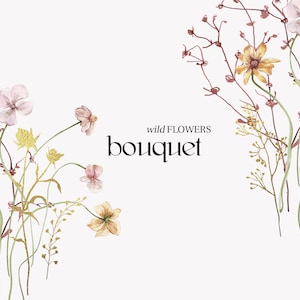 Midsummer Wild field Bouquet Watercolor Wildflower clipart, Delicate flower composition, Summer meadow floral wedding invite logo card PNG