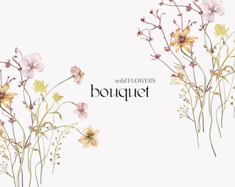 Midsummer Wild field Bouquet Watercolor Wildflower clipart, Delicate flower composition, Summer meadow floral wedding invite logo card PNG