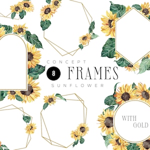 Concept: Sunflower Frames watercolor clipart, Sunflower gold wedding invitation, wreath summer fall clipart, geometric frame sunflowers PNG