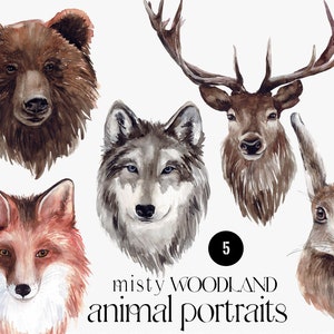 Aquarelle animaux de la forêt Portraits éléments Clipart, Woodland animal Cerf, loup, renard, ours, lièvre PNG
