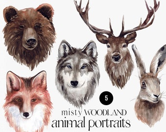 Watercolor Forest animals Portraits elements Clipart, Woodland animal Deer, wolf, fox, bear, hare PNG
