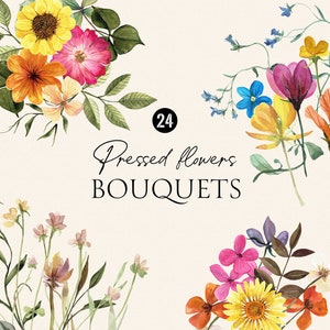 Bouquets de fleurs pressées aquarelle florale - fleurs séchées, clipart d’herbes, arrangements floraux botaniques vintage, compositions numériques PNG