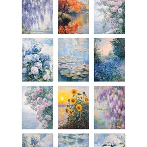 May include: A collection of nine digital art prints featuring impressionistic paintings of flowers, water lilies, and landscapes. The prints are all in a similar style, with soft colors and brushstrokes.
