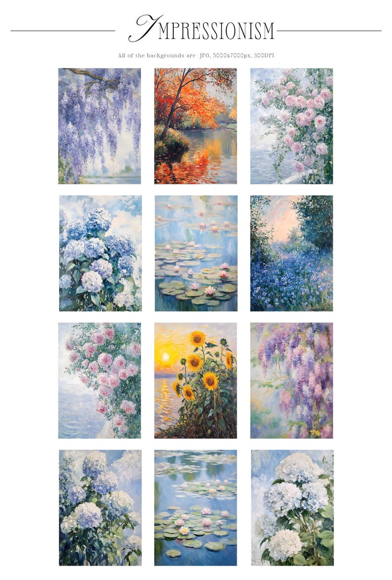 May include: A collection of nine digital art prints featuring impressionistic paintings of flowers, water lilies, and landscapes. The prints are all in a similar style, with soft colors and brushstrokes.