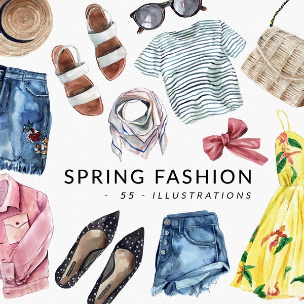 SPRING Fashion Watercolor, Spring outfits collection for blog, magazine, essentials, outfits, clothes, shoes, dresses Clipart digital PNG