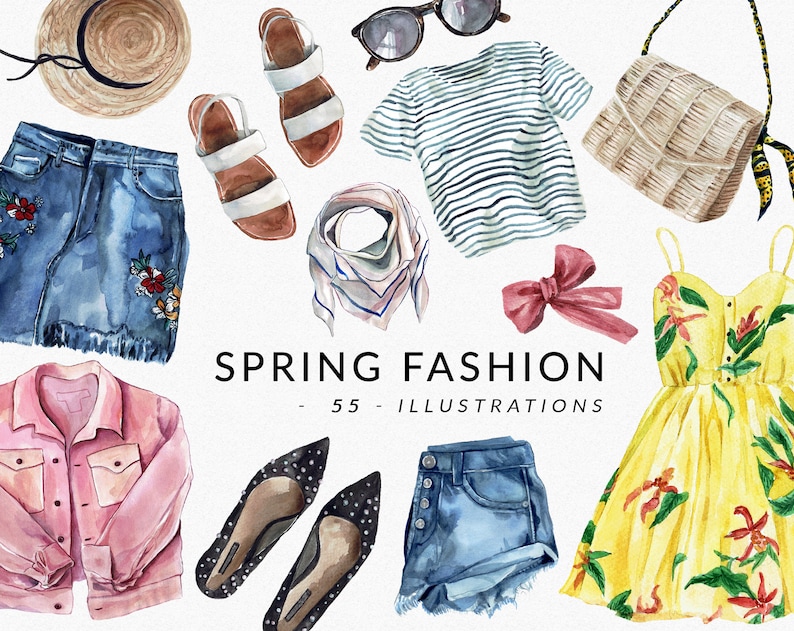 Pode incluir: Um conjunto de ilustra&ccedil;&otilde;es de aquarela de itens de moda de primavera, incluindo um chap&eacute;u de palha, uma saia jeans, uma jaqueta jeans rosa, uma camiseta listrada, um vestido floral, shorts jeans, sand&aacute;lias, saltos altos, uma echarpe, uma bolsa e um la&ccedil;o. O texto "SPRING FASHION - 55 - ILLUSTRATIONS" est&aacute; escrito no centro da imagem.