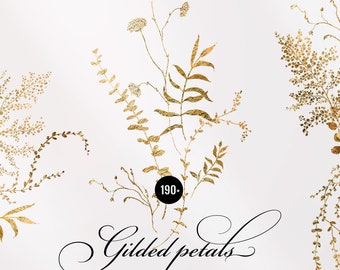 Gold Lineart floral clipart, Golden leaves wreath, Gold foliage Separate elements, Delicate Gold eucalyptus fern leaves logo