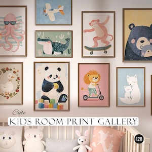 Galería de impresiones para habitaciones infantiles y de bebés, paquete de pósteres de animales adorables, arte de pared imprimible para niños y bebés, impresión colorida para habitación infantil
